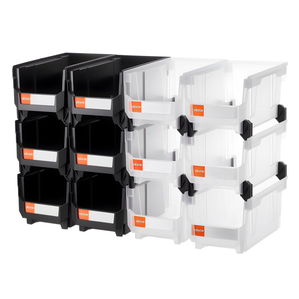 12-Pack Stackable Plastic Storage Bins with Lids, 14.8x8.5x7.1 Inch, Black and Clear Organizing Containers for Garage, Office, Craft Supplies