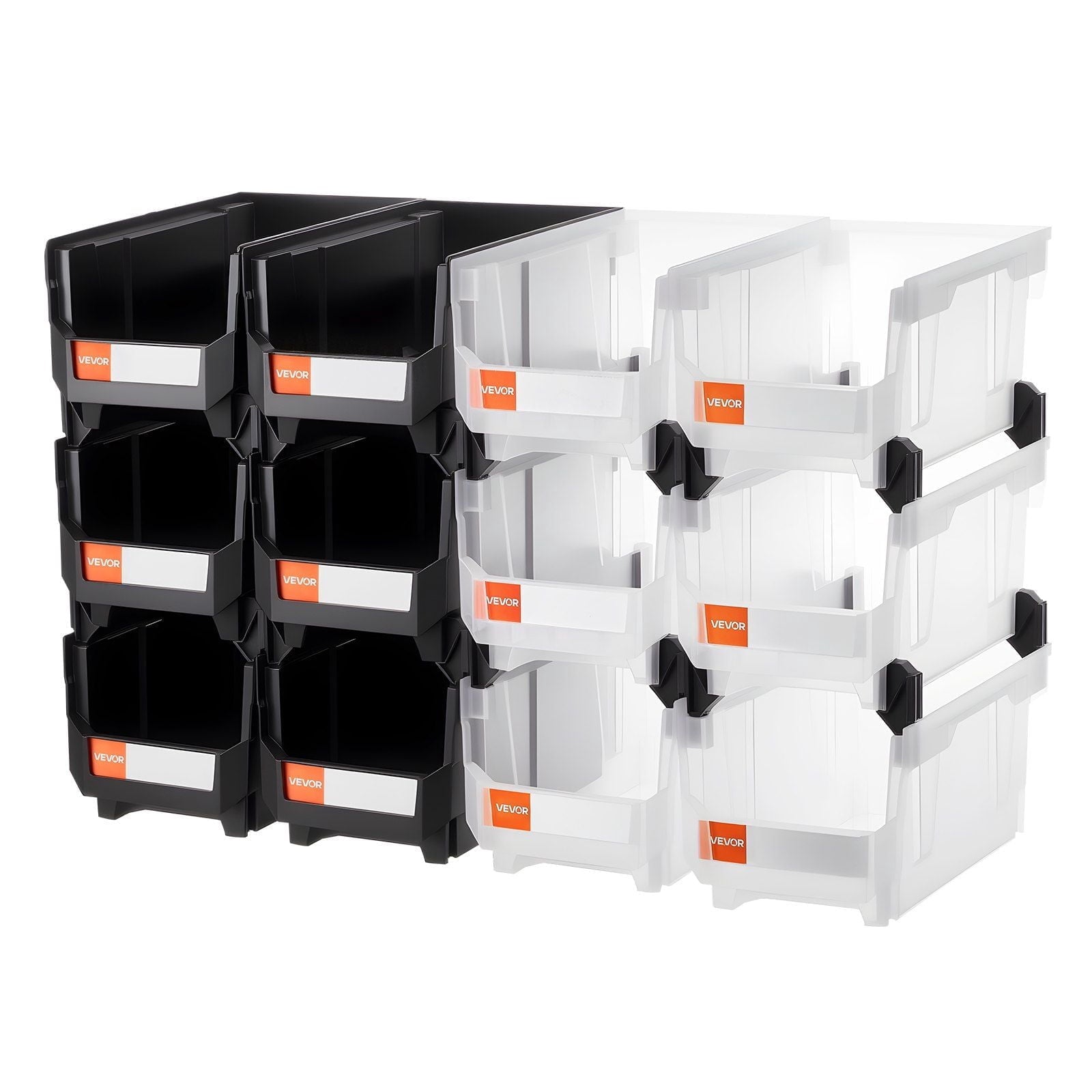 12-Pack Stackable Plastic Storage Bins with Lids, 14.8x8.5x7.1 Inch, Black and Clear Organizing Containers for Garage, Office, Craft Supplies