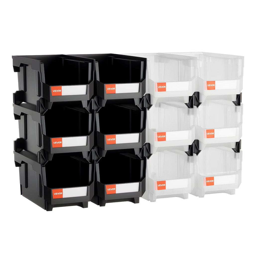 12-Pack Stackable Plastic Storage Bins with Lids, 14.8x8.5x7.1 Inch, Black and Clear Organizing Containers for Garage, Office, Craft Supplies
