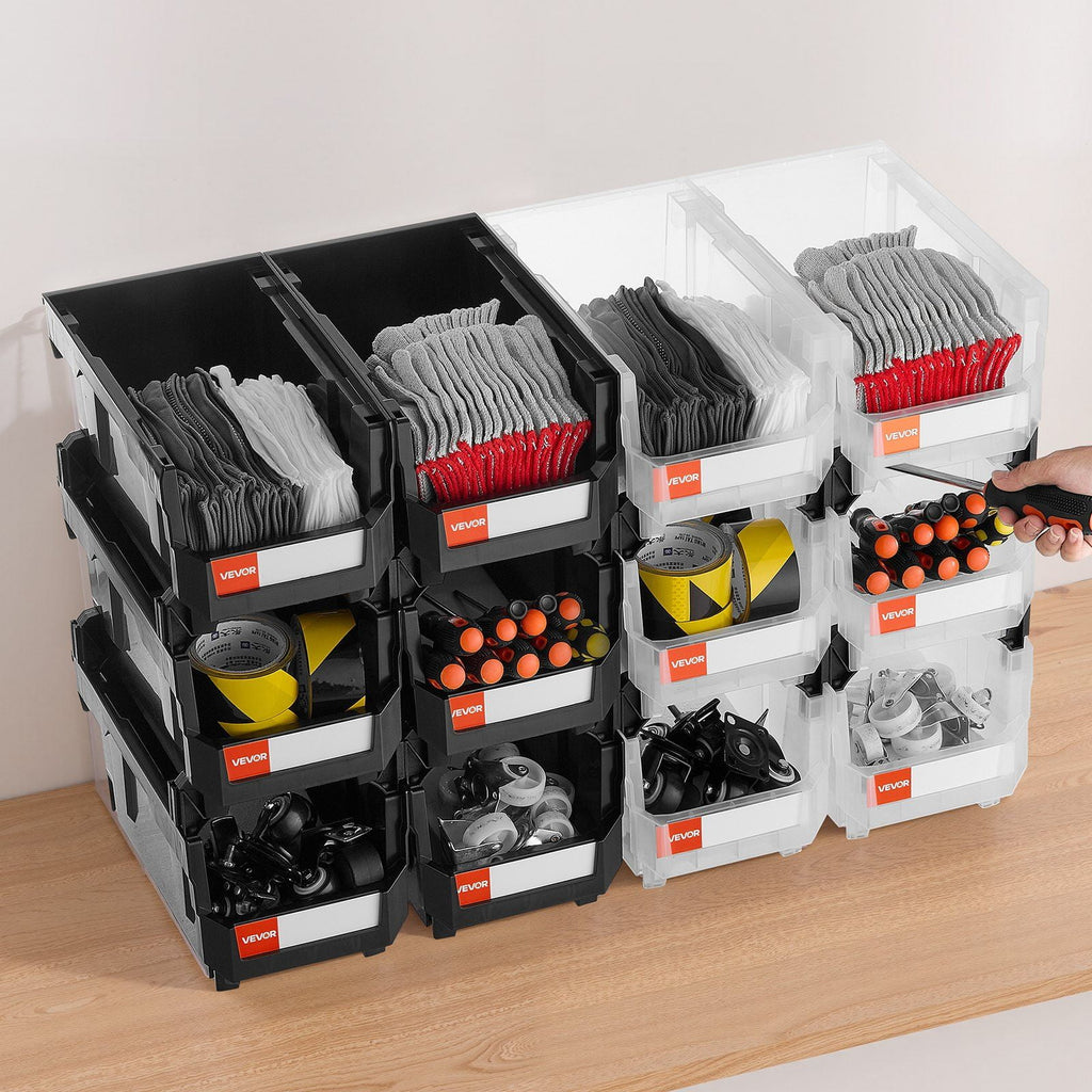 12-Pack Stackable Plastic Storage Bins with Lids, 14.8x8.5x7.1 Inch, Black and Clear Organizing Containers for Garage, Office, Craft Supplies