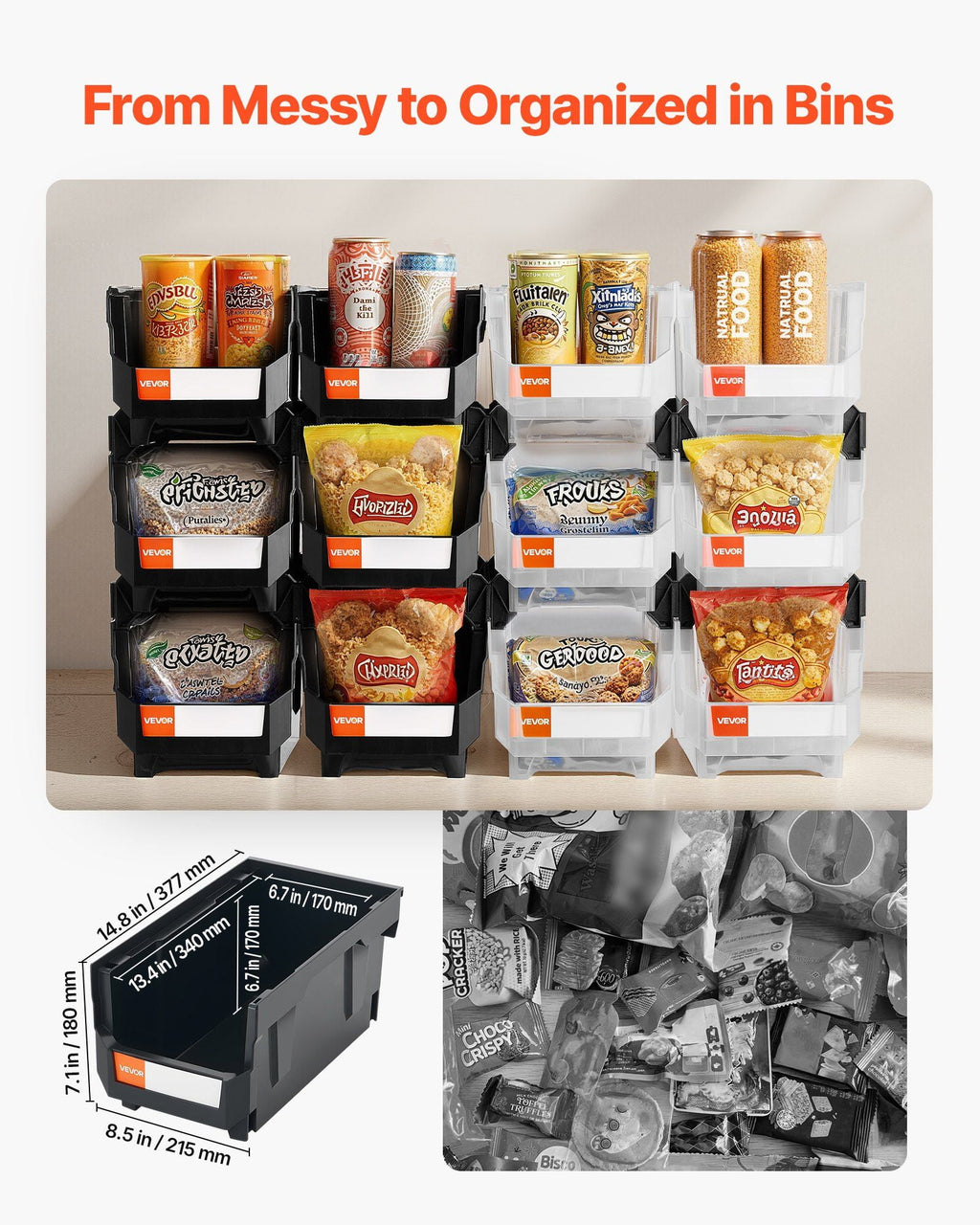 12-Pack Stackable Plastic Storage Bins with Lids, 14.8x8.5x7.1 Inch, Black and Clear Organizing Containers for Garage, Office, Craft Supplies