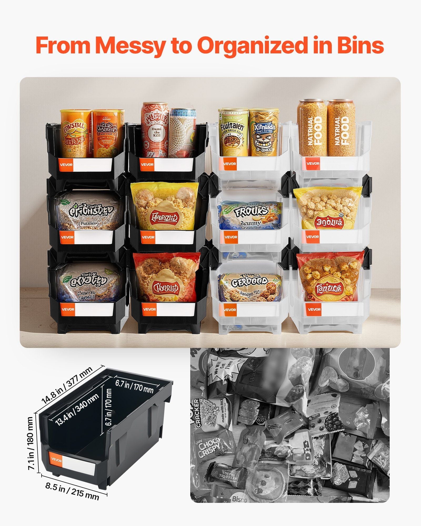 12-Pack Stackable Plastic Storage Bins with Lids, 14.8x8.5x7.1 Inch, Black and Clear Organizing Containers for Garage, Office, Craft Supplies