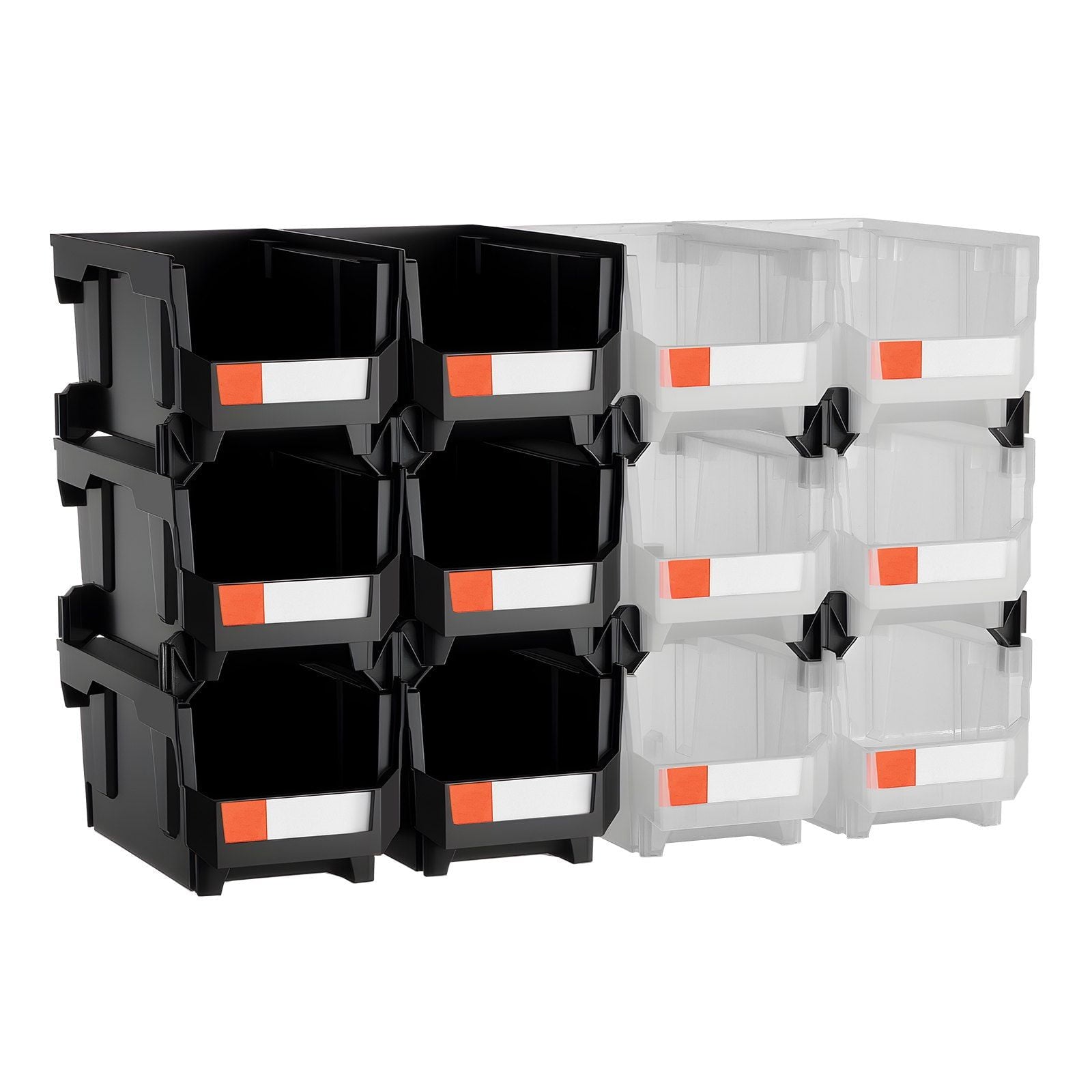12-Pack Stackable Plastic Storage Bins with Lids, 14.8x8.5x7.1 Inch, Black and Clear Organizing Containers for Garage, Office, Craft Supplies