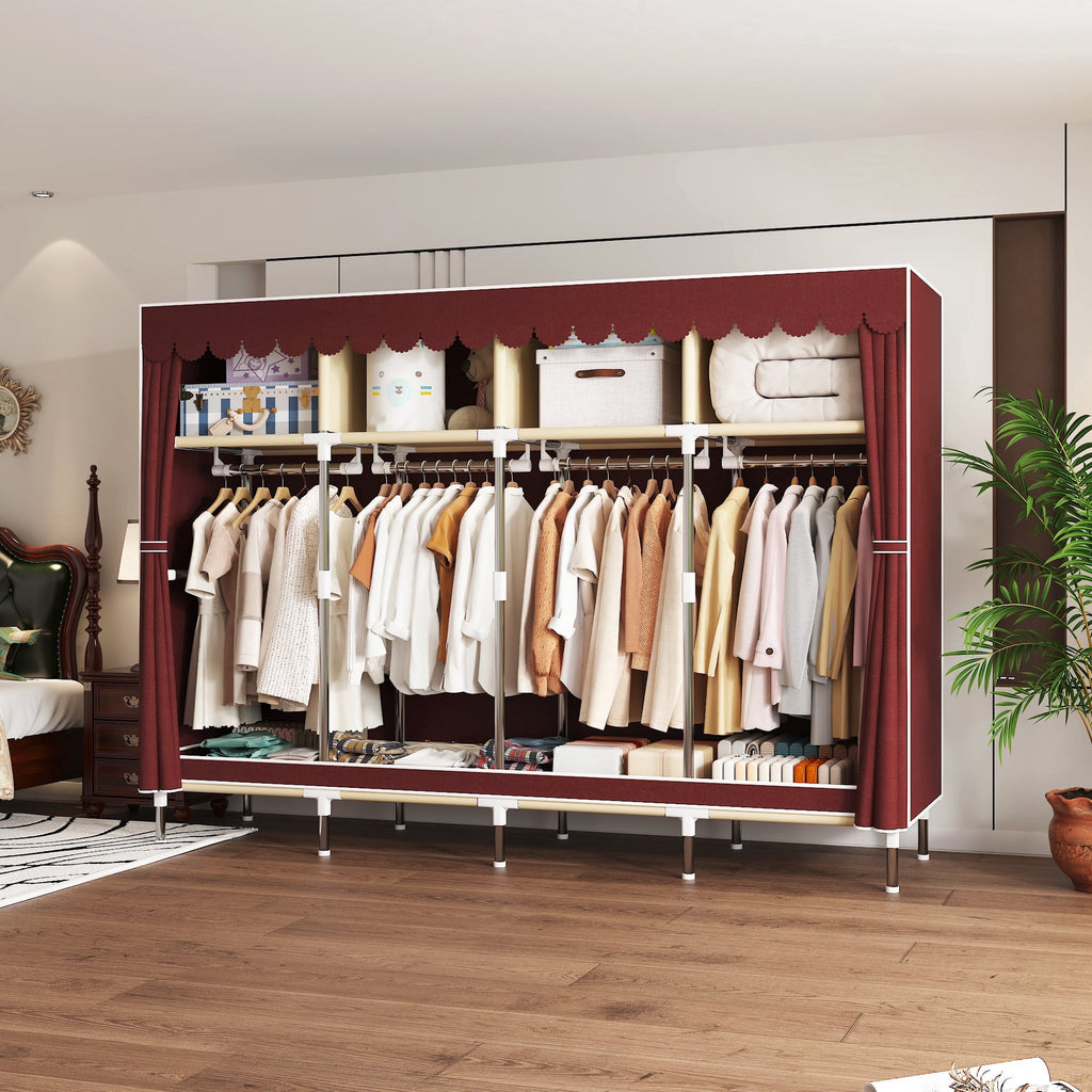 78.7Inch Portable Wardrobe Closet, 4 Storage Spaces with 4Hanging Rods,s，Steel Frame Fabric Organizer, Easy Assembly and Dust Resistant Design,red