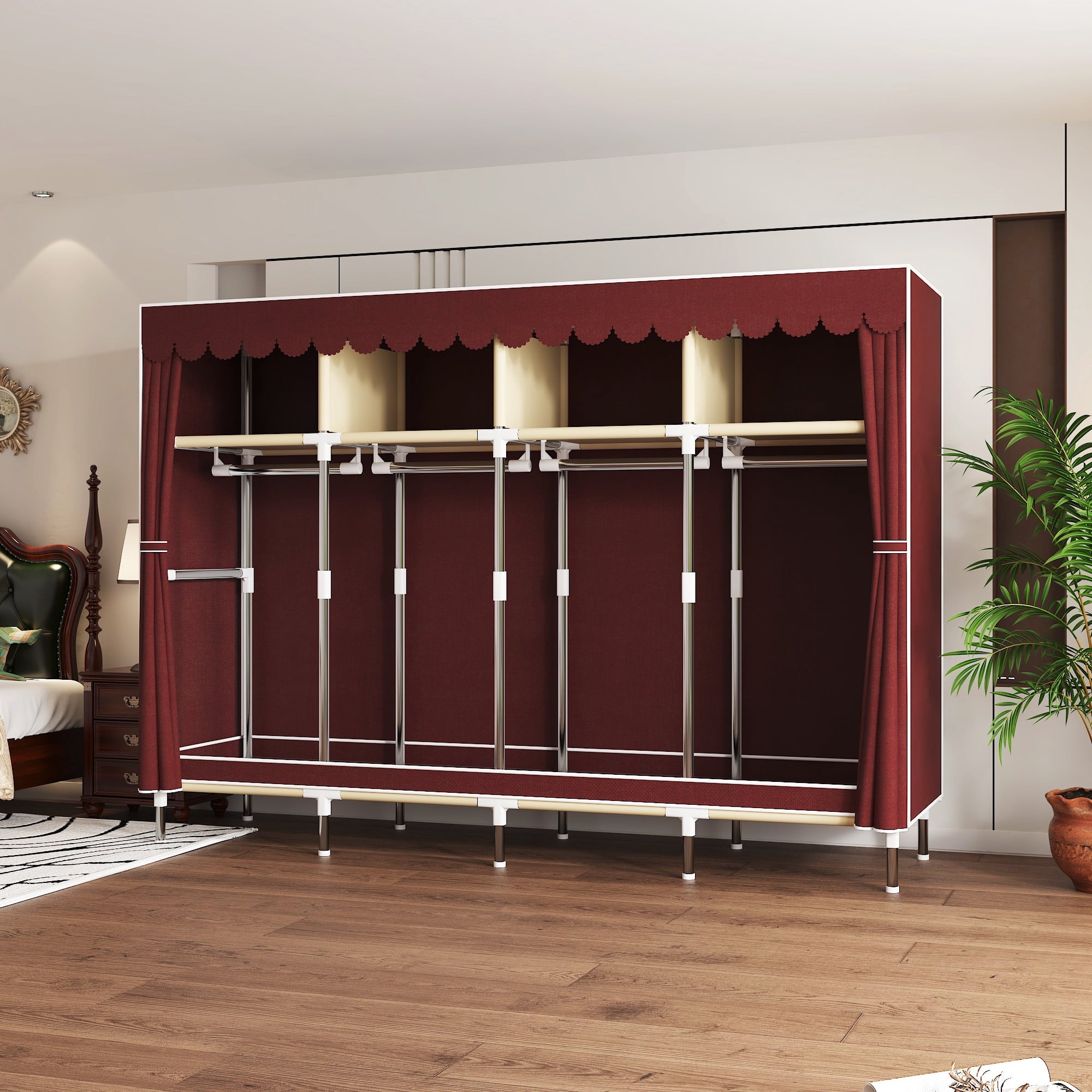 78.7Inch Portable Wardrobe Closet, 4 Storage Spaces with 4Hanging Rods,s，Steel Frame Fabric Organizer, Easy Assembly and Dust Resistant Design,red