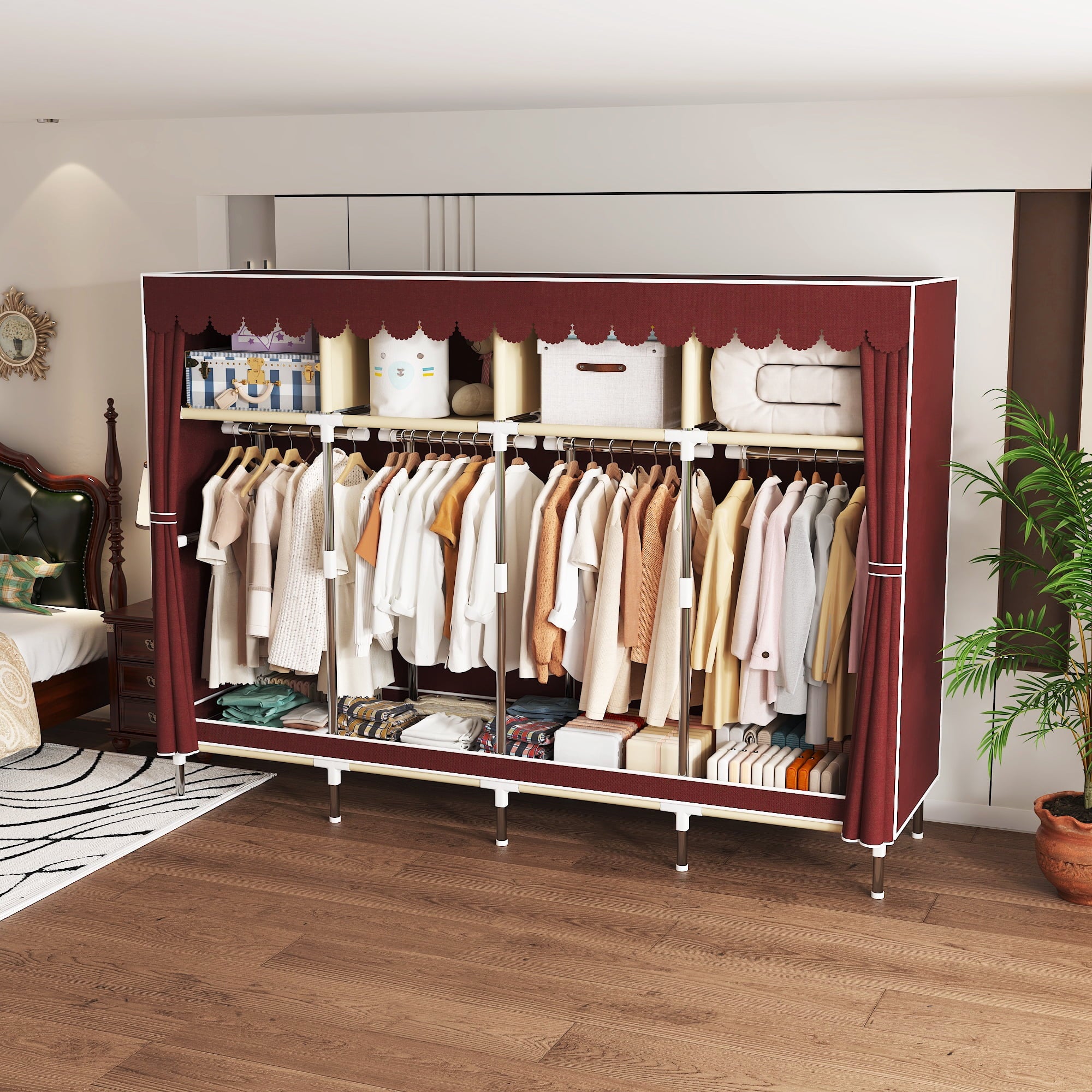 78.7Inch Portable Wardrobe Closet, 4 Storage Spaces with 4Hanging Rods,s，Steel Frame Fabric Organizer, Easy Assembly and Dust Resistant Design,red