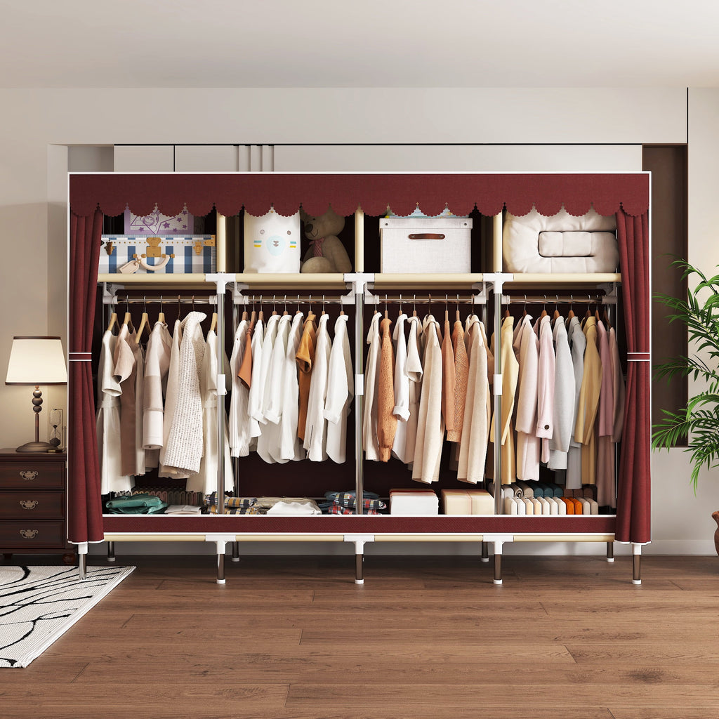 78.7Inch Portable Wardrobe Closet, 4 Storage Spaces with 4Hanging Rods,s，Steel Frame Fabric Organizer, Easy Assembly and Dust Resistant Design,red