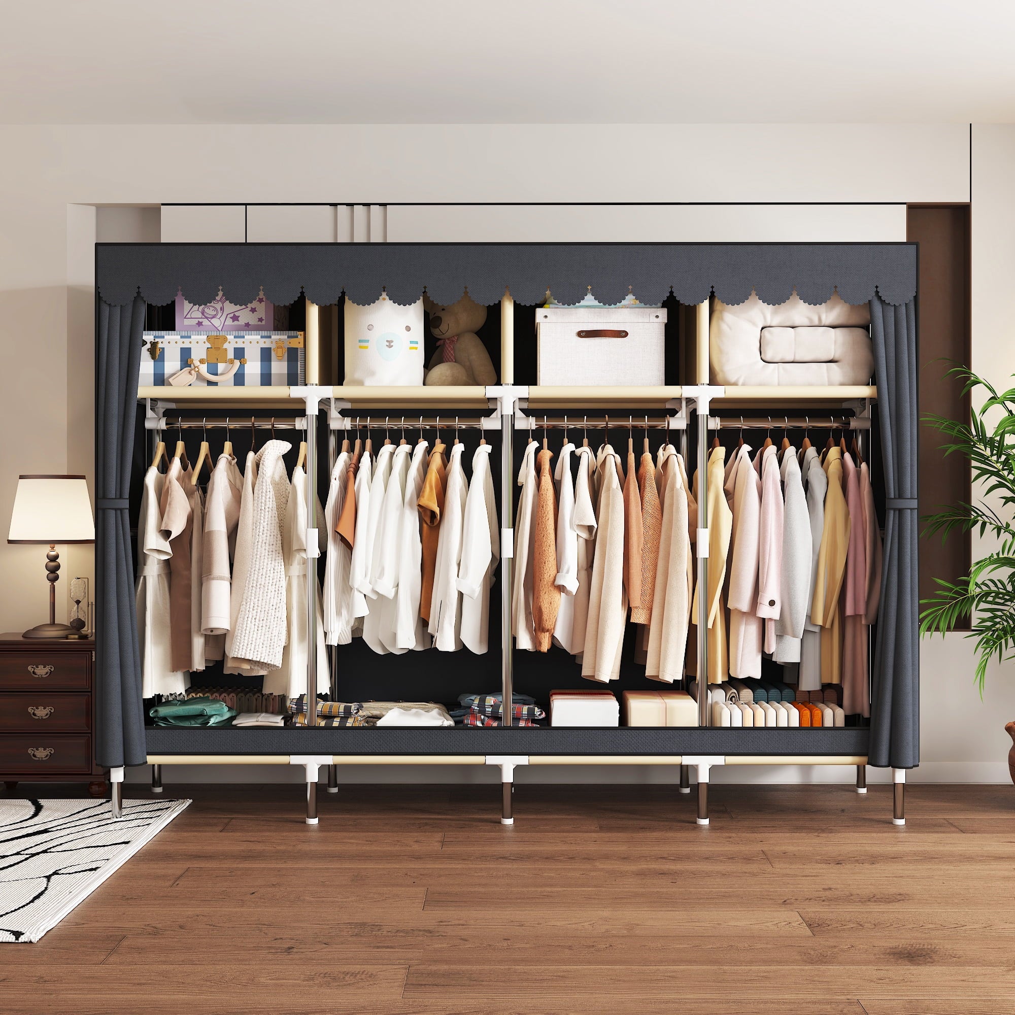 78.7Inch Portable Wardrobe Closet, 4 Storage Spaces with 4Hanging Rods,s，Steel Frame Fabric Organizer, Easy Assembly and Dust Resistant Design,red