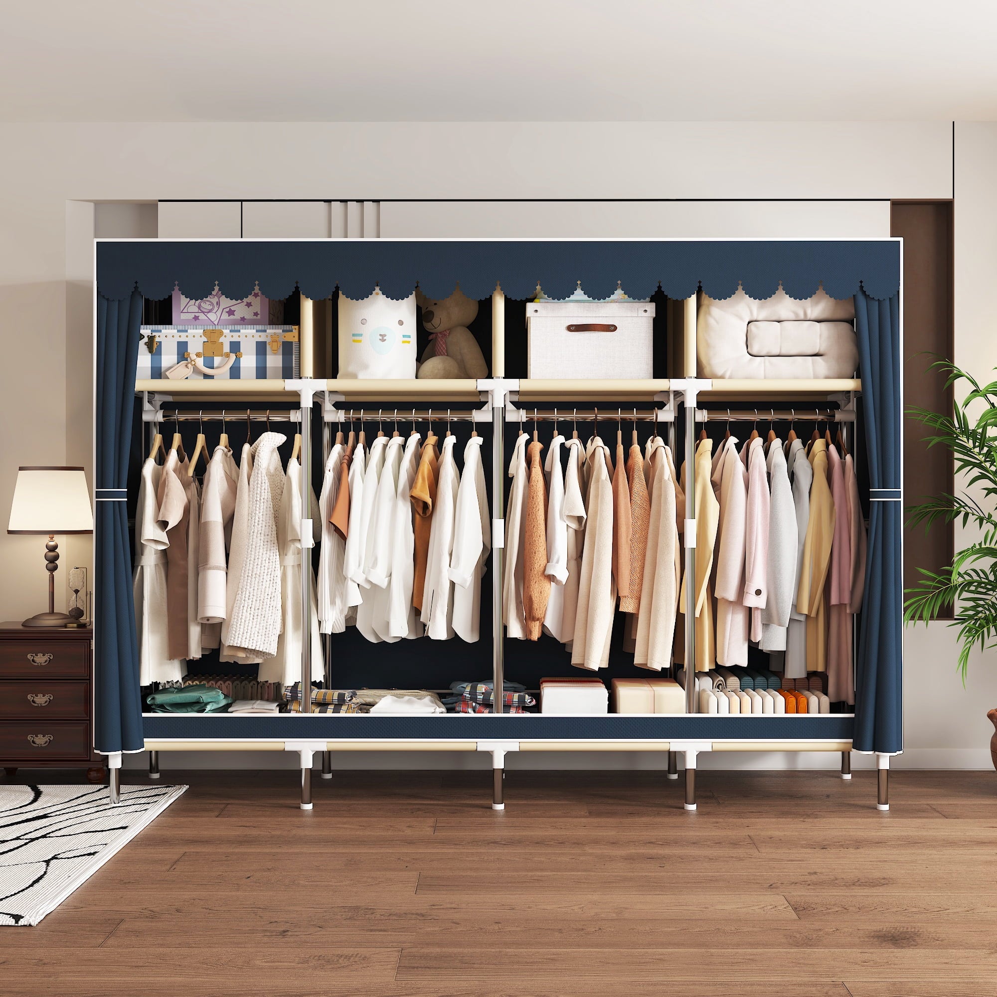 78.7Inch Portable Wardrobe Closet, 4 Storage Spaces with 4Hanging Rods,s，Steel Frame Fabric Organizer, Easy Assembly and Dust Resistant Design,red
