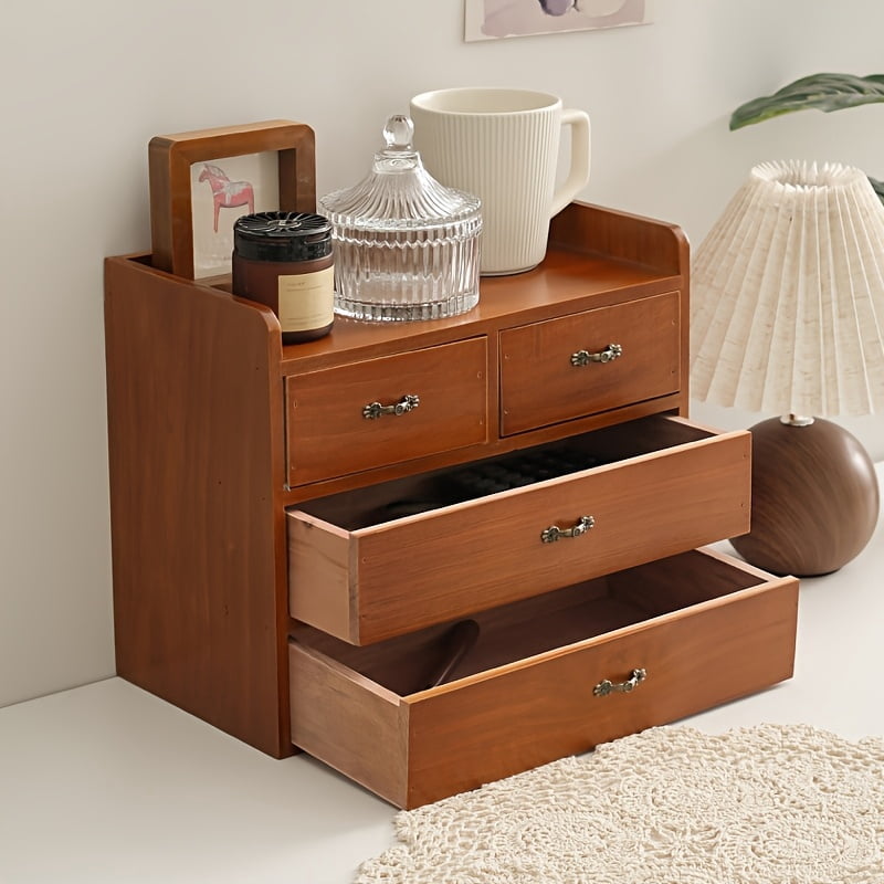 Vintage Solid Wood Frame Pine Desktop Storage Cabinet with Drawers and Compartments for Kitchen, Bedroom, Desktop, Face Masks, and Cosmetics, Desk &amp; Drawer Organizer for Home Storage