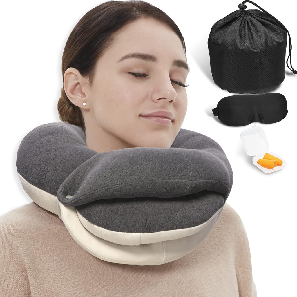 Airplane Travel Neck Pillow With 360° Head Support, Includes Eye Mask Earplugs Carrying Bag, Ideal For Long Flight Sleep