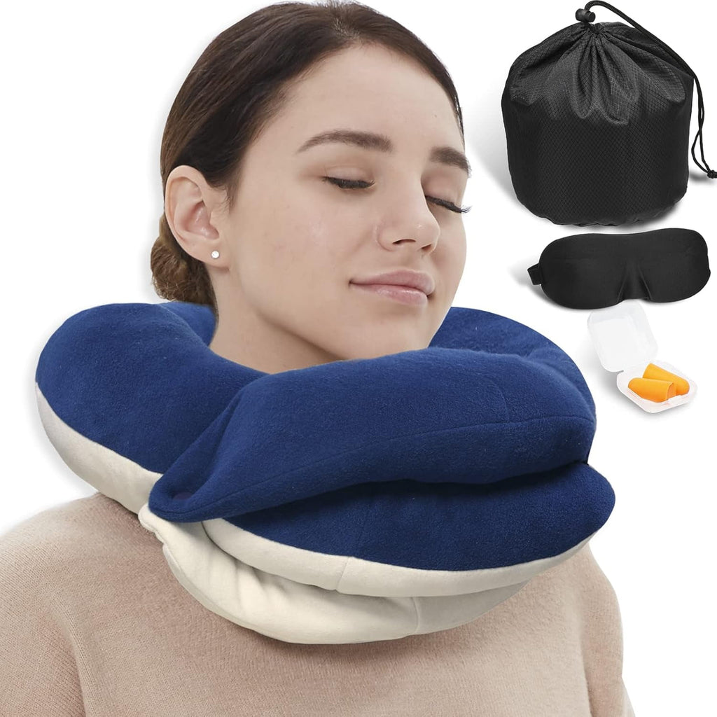 Airplane Travel Neck Pillow With 360° Head Support, Includes Eye Mask Earplugs Carrying Bag, Ideal For Long Flight Sleep