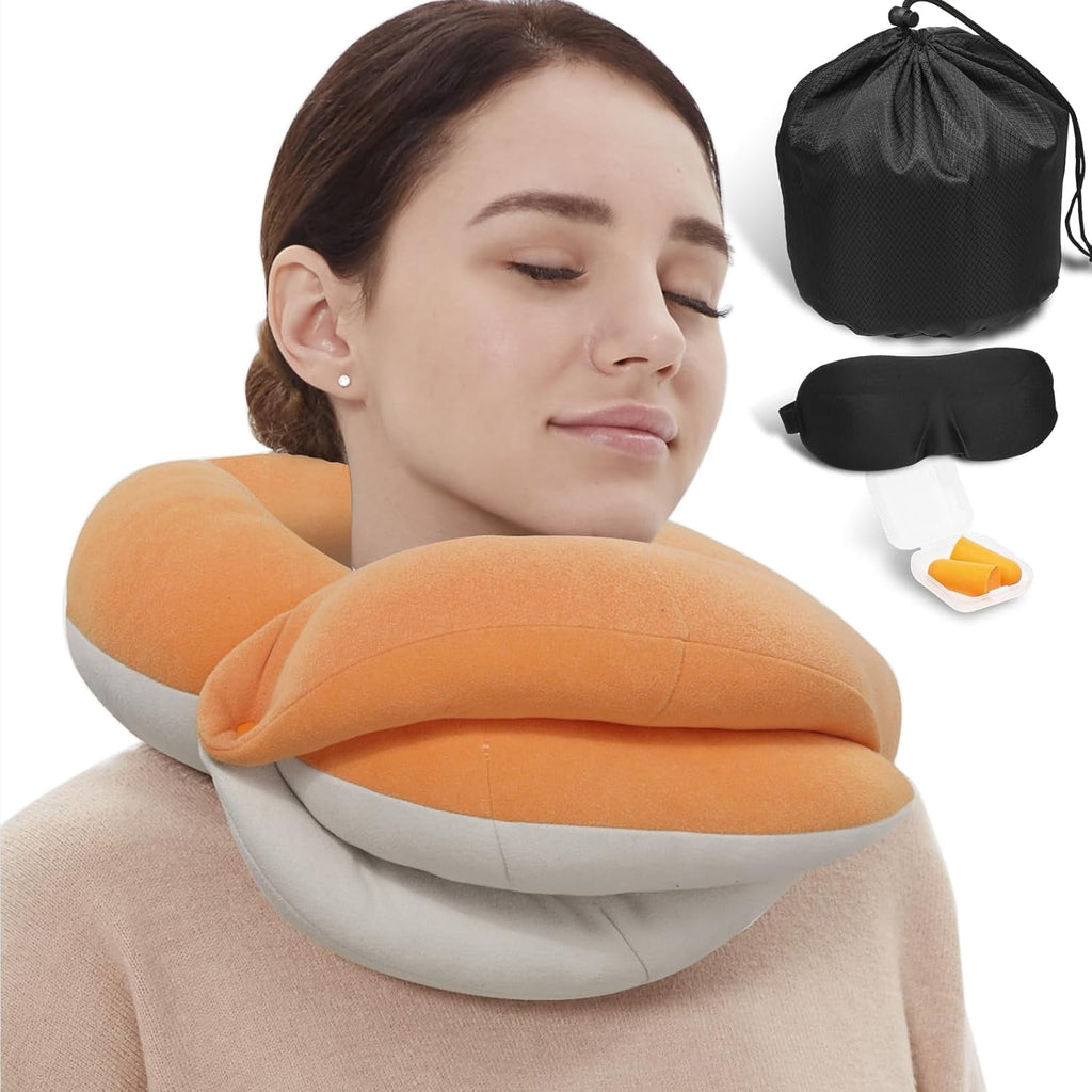 Airplane Travel Neck Pillow With 360° Head Support, Includes Eye Mask Earplugs Carrying Bag, Ideal For Long Flight Sleep