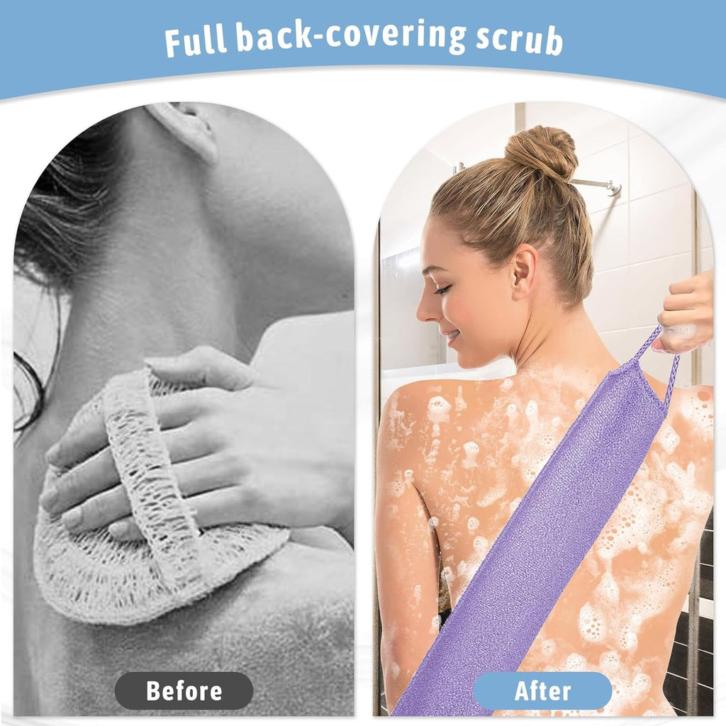 4pcs Exfoliating Back Washers Scrub with Handles Japanese Body Scrubber Cloth Towel for Shower Nylon Back Exfoliator Extended Back Washers Stretchable Body Bath Pull Strap for Cleans Skin Massages