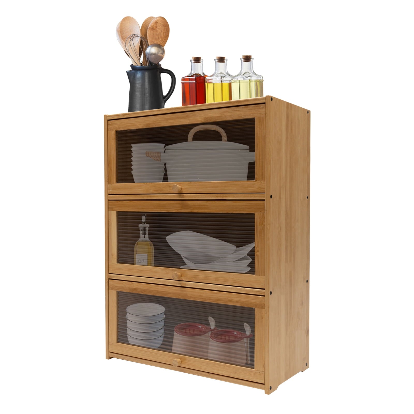3-Tier Bamboo Acrylic Storage Cabinet 176.36 lbs Capacity - Modern Deck Mounted Organizer for Kitchen &amp; Bedroom
