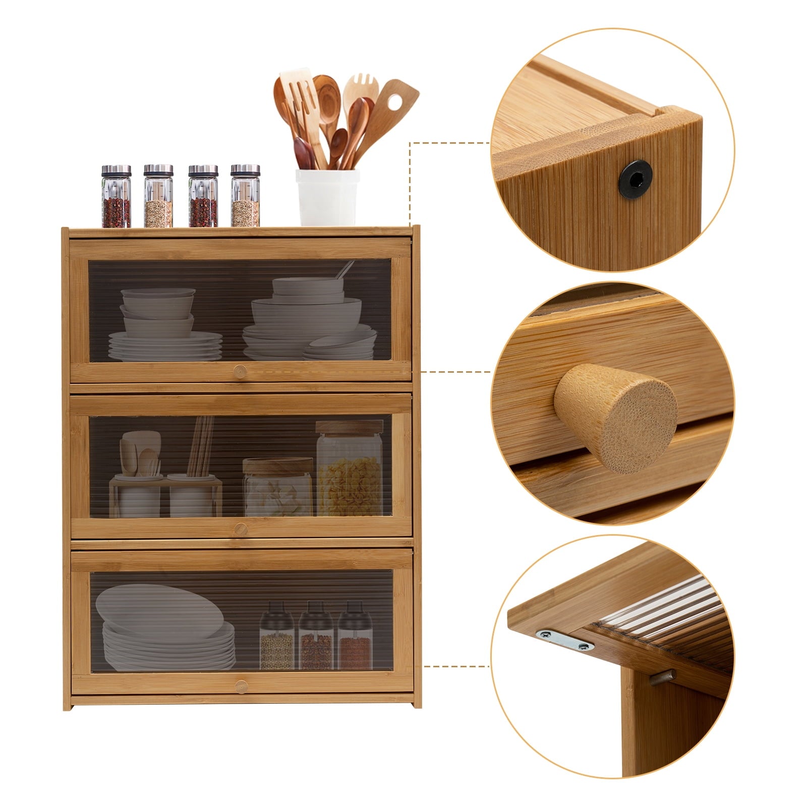 3-Tier Bamboo Acrylic Storage Cabinet 176.36 lbs Capacity - Modern Deck Mounted Organizer for Kitchen &amp; Bedroom