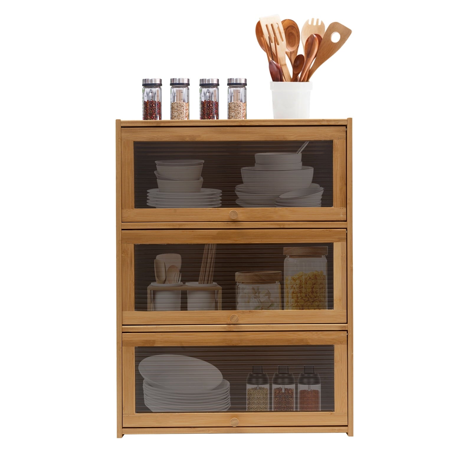 3-Tier Bamboo Acrylic Storage Cabinet 176.36 lbs Capacity - Modern Deck Mounted Organizer for Kitchen &amp; Bedroom