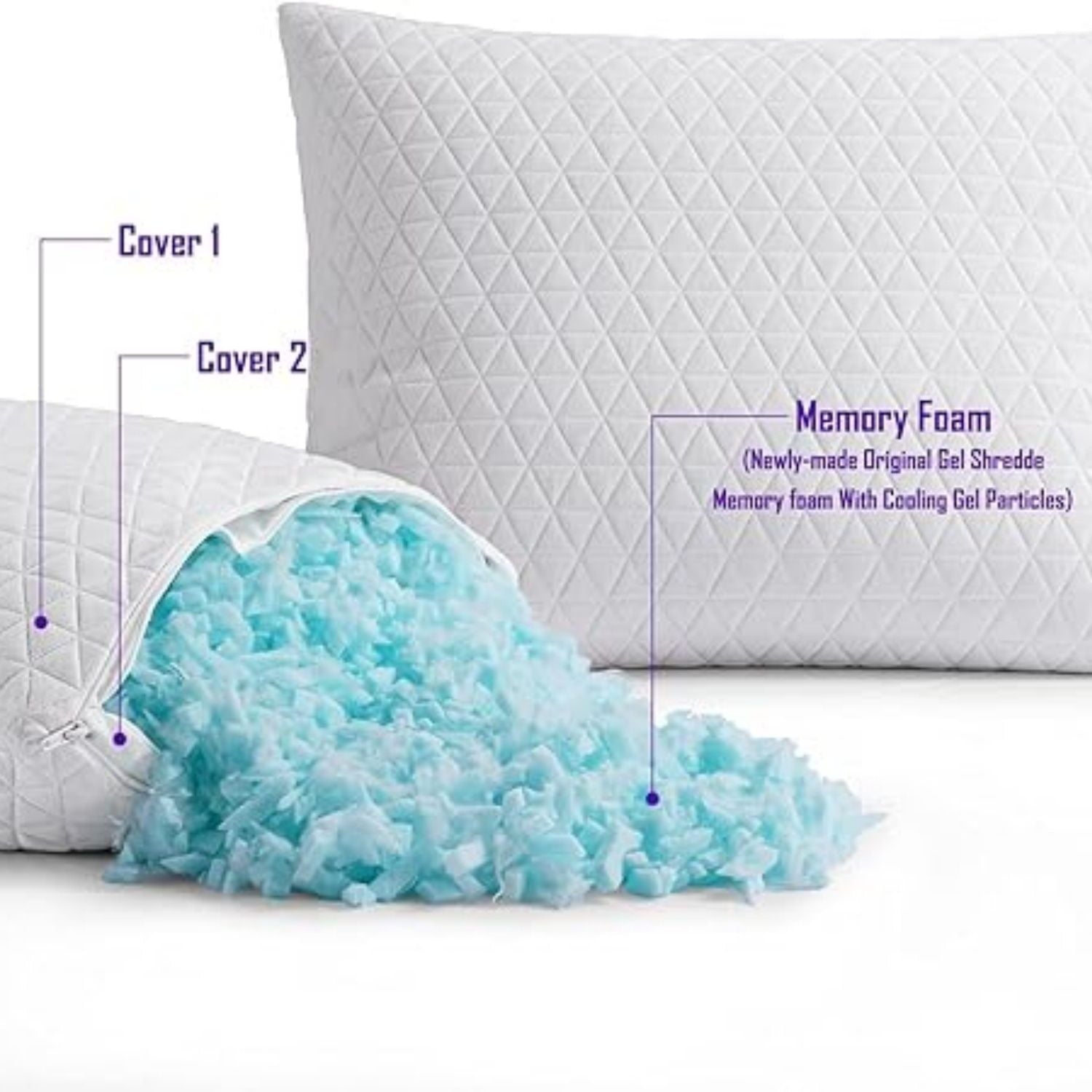 Shredded Memory Foam Pillows for ,Bed Pillows Queen Size Set of 2 Pack Cooling Adjustable,Good for Side and Back S per with Washable Removable Cover