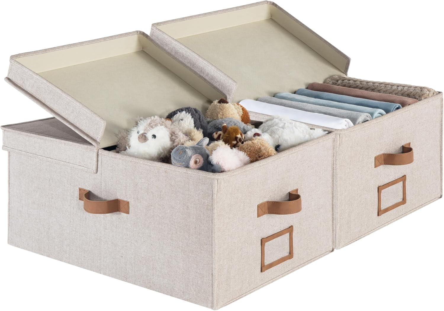 Extra Large Storage Bins with Lids, 55L Decorative Storage Bins with Double-Open Lid and Divider Board, Fabric Bins with Handles, Mixing of Brown &amp; Beige, 2-Pack