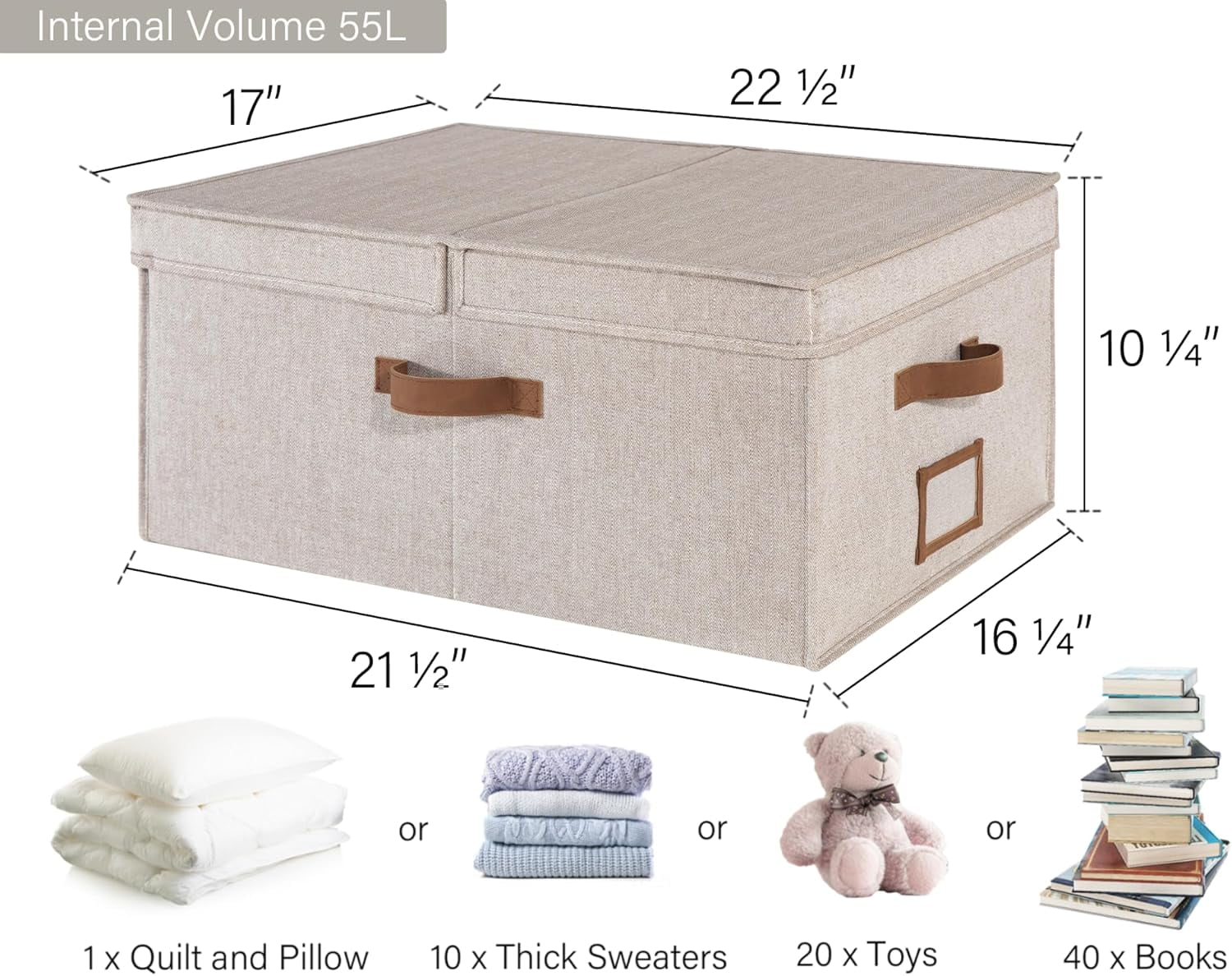 Extra Large Storage Bins with Lids, 55L Decorative Storage Bins with Double-Open Lid and Divider Board, Fabric Bins with Handles, Mixing of Brown &amp; Beige, 2-Pack