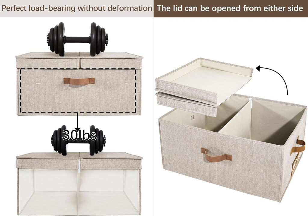 Extra Large Storage Bins with Lids, 55L Decorative Storage Bins with Double-Open Lid and Divider Board, Fabric Bins with Handles, Mixing of Brown &amp; Beige, 2-Pack
