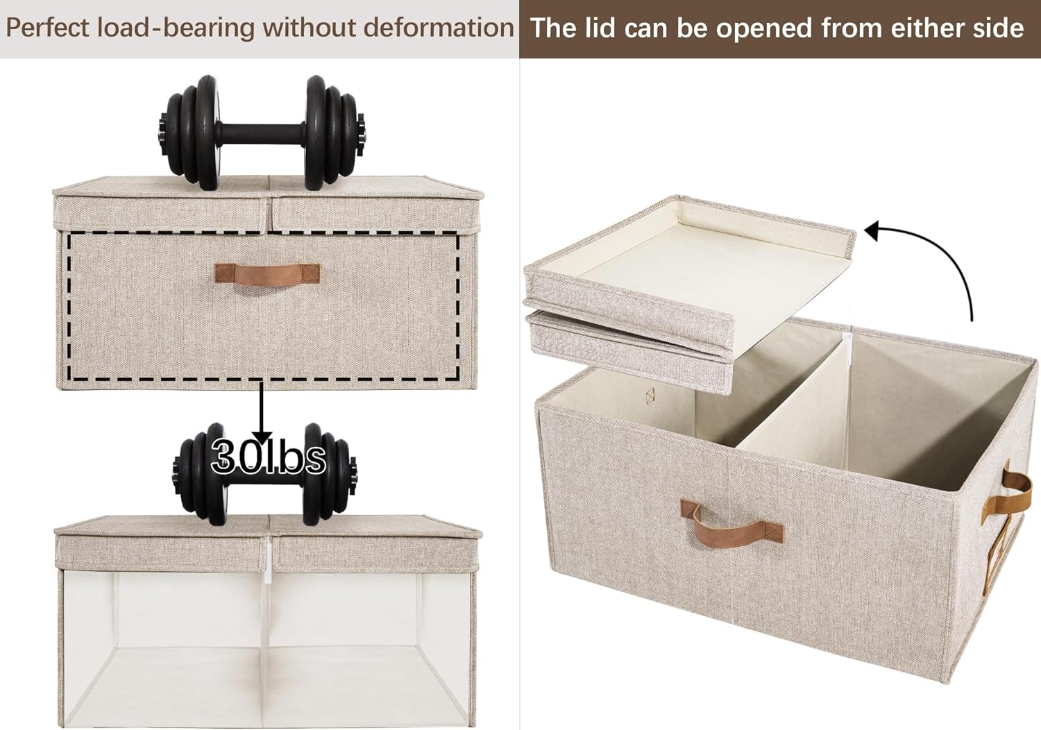 Extra Large Storage Bins with Lids, 55L Decorative Storage Bins with Double-Open Lid and Divider Board, Fabric Bins with Handles, Mixing of Brown &amp; Beige, 2-Pack