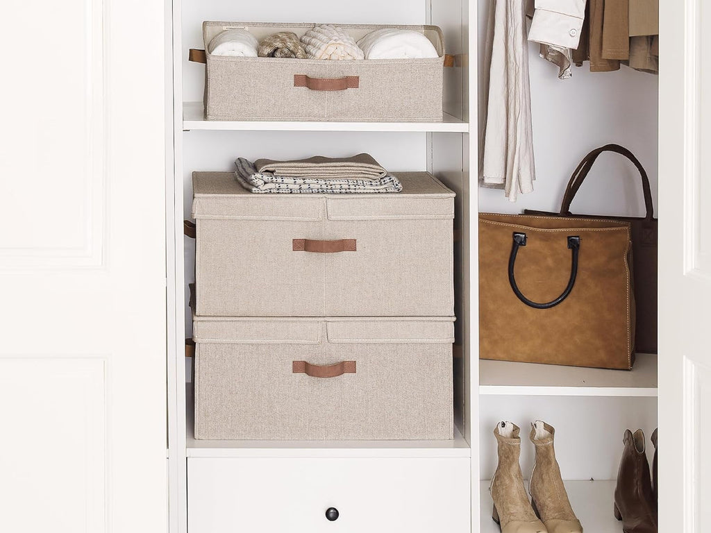 Extra Large Storage Bins with Lids, 55L Decorative Storage Bins with Double-Open Lid and Divider Board, Fabric Bins with Handles, Mixing of Brown &amp; Beige, 2-Pack