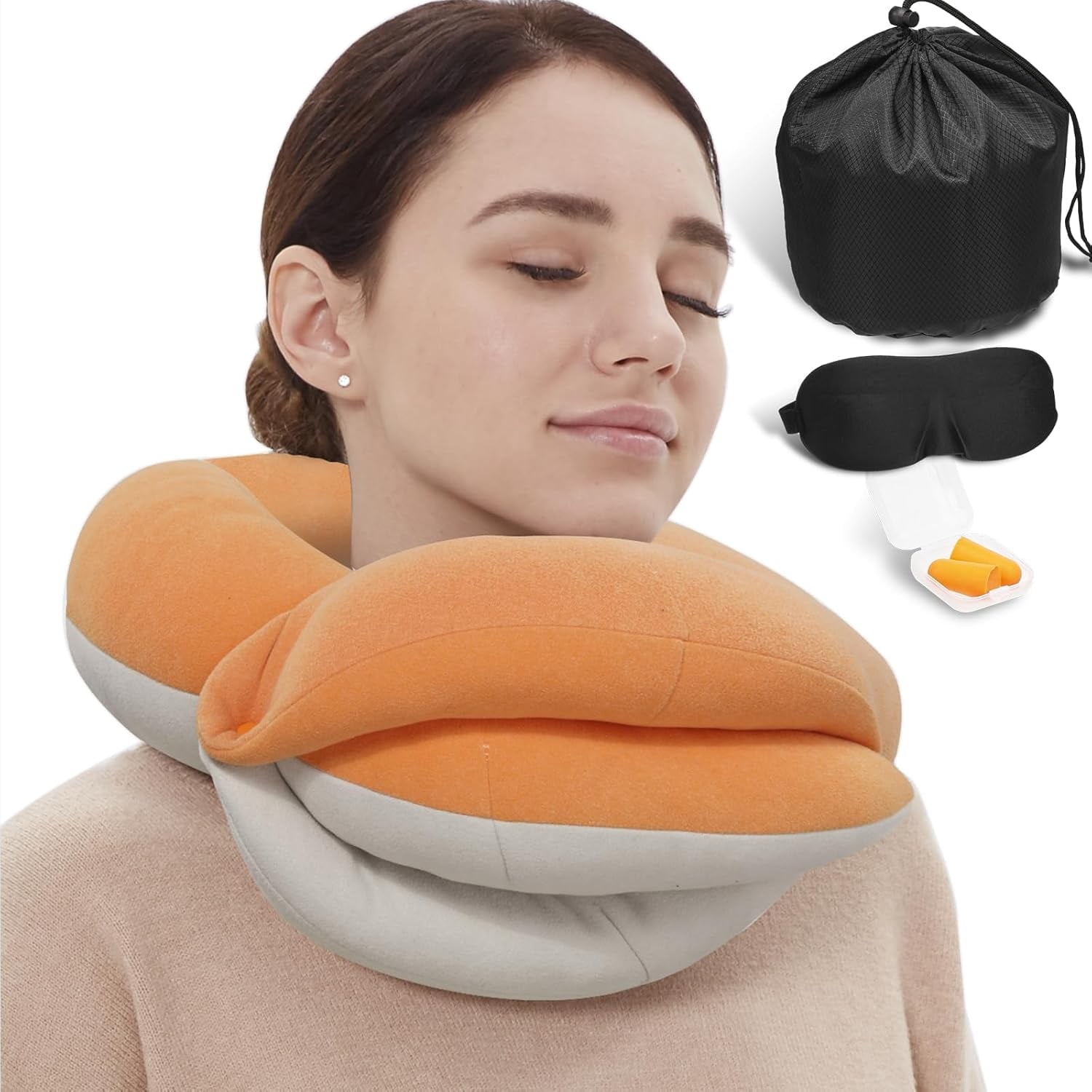Airplane Travel Neck Pillow With 360° Head Support, Includes Eye Mask Earplugs Carrying Bag, Ideal For Long Flight Sleep