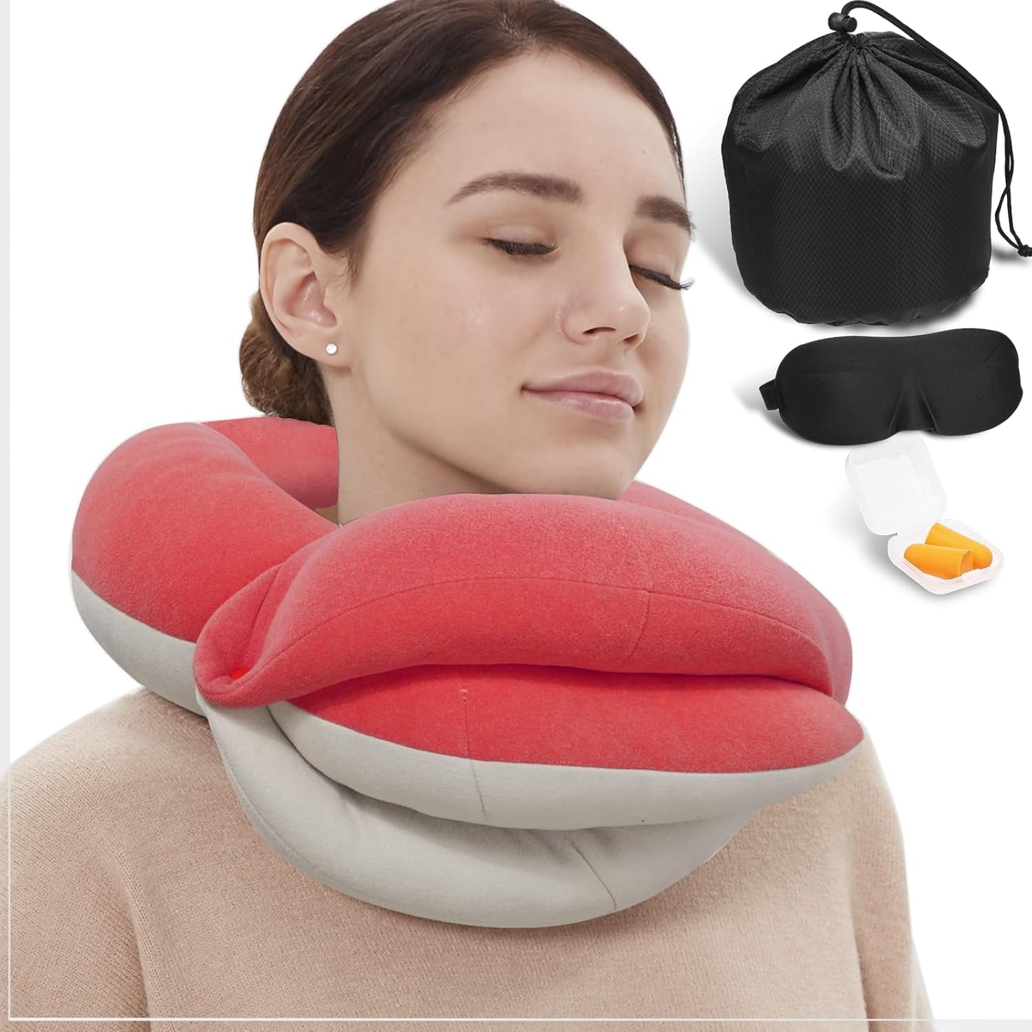 Airplane Travel Neck Pillow With 360° Head Support, Includes Eye Mask Earplugs Carrying Bag, Ideal For Long Flight Sleep