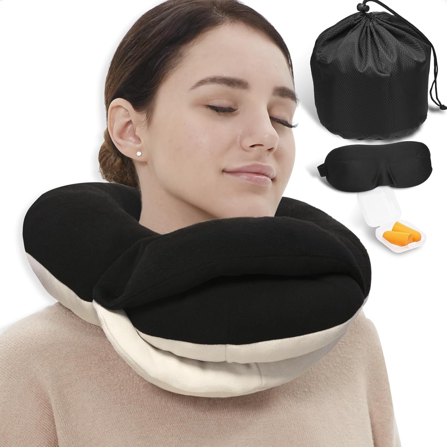 Airplane Travel Neck Pillow With 360° Head Support, Includes Eye Mask Earplugs Carrying Bag, Ideal For Long Flight Sleep