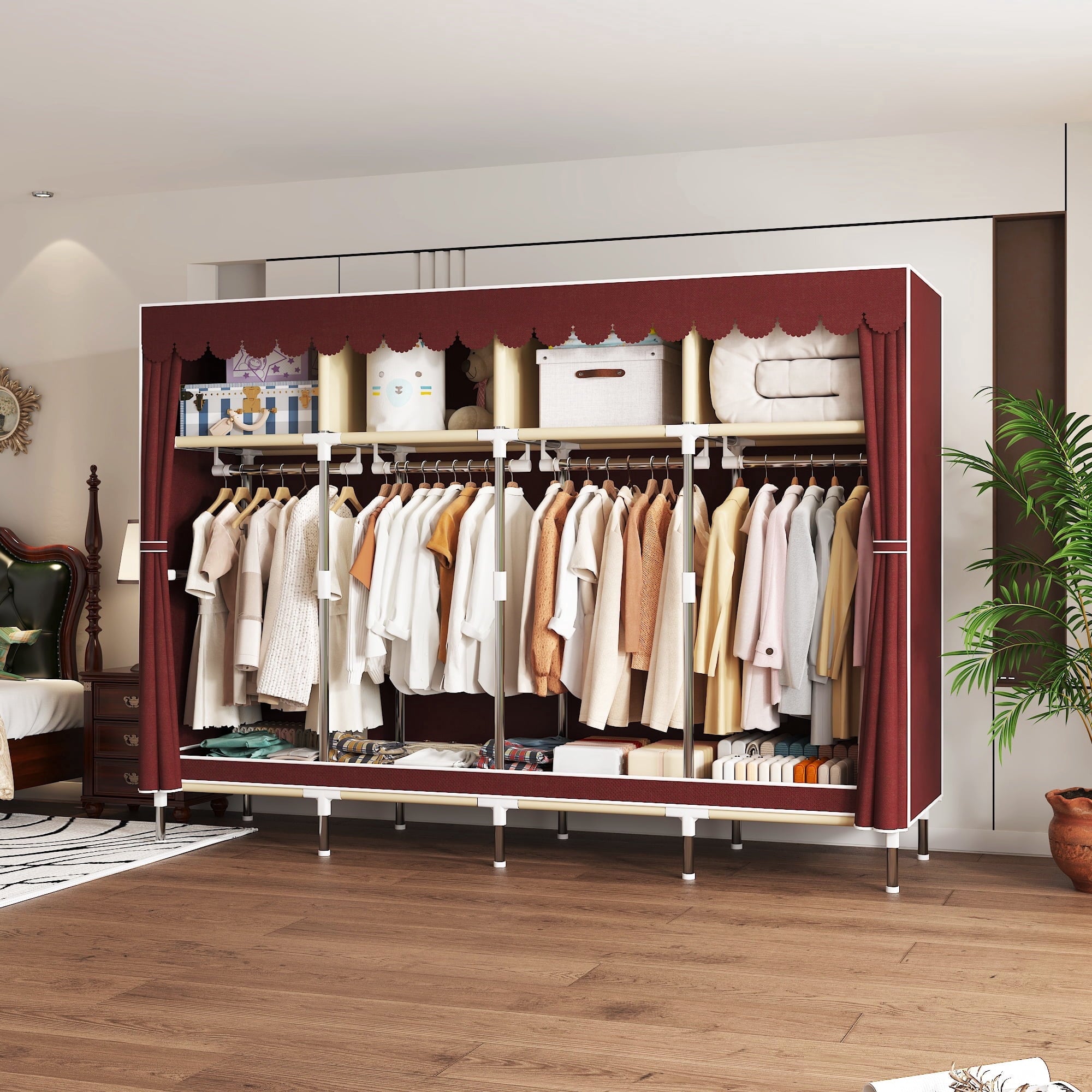 78.7Inch Portable Wardrobe Closet, 4 Storage Spaces with 4Hanging Rods,s，Steel Frame Fabric Organizer, Easy Assembly and Dust Resistant Design,red