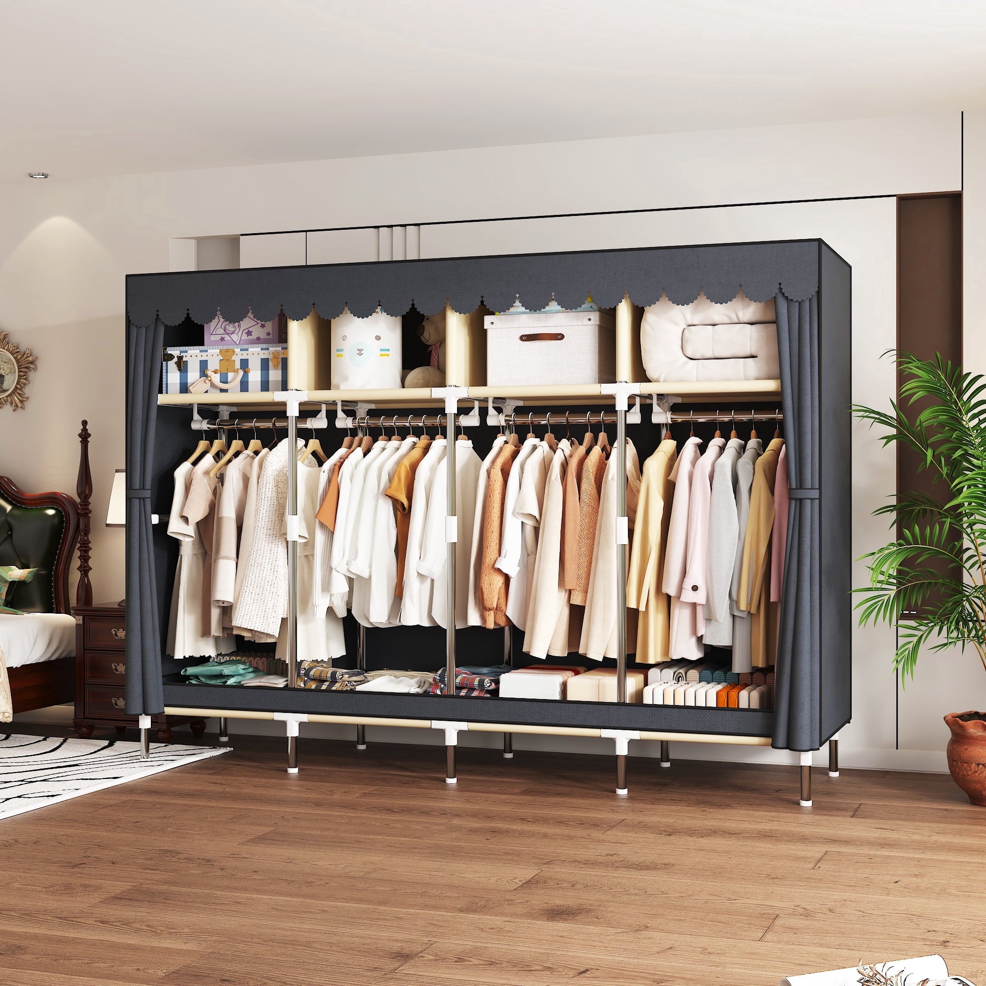 78.7Inch Portable Wardrobe Closet, 4 Storage Spaces with 4Hanging Rods,s，Steel Frame Fabric Organizer, Easy Assembly and Dust Resistant Design,red